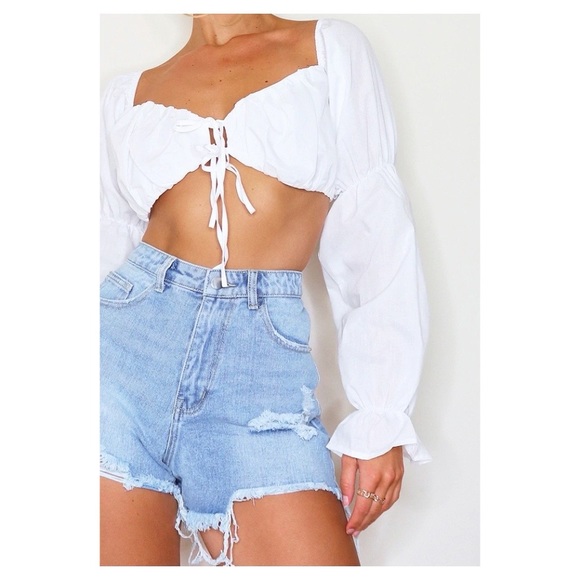 White Ruched Sleeve Tie Front Crop Top - Picture 5 of 7